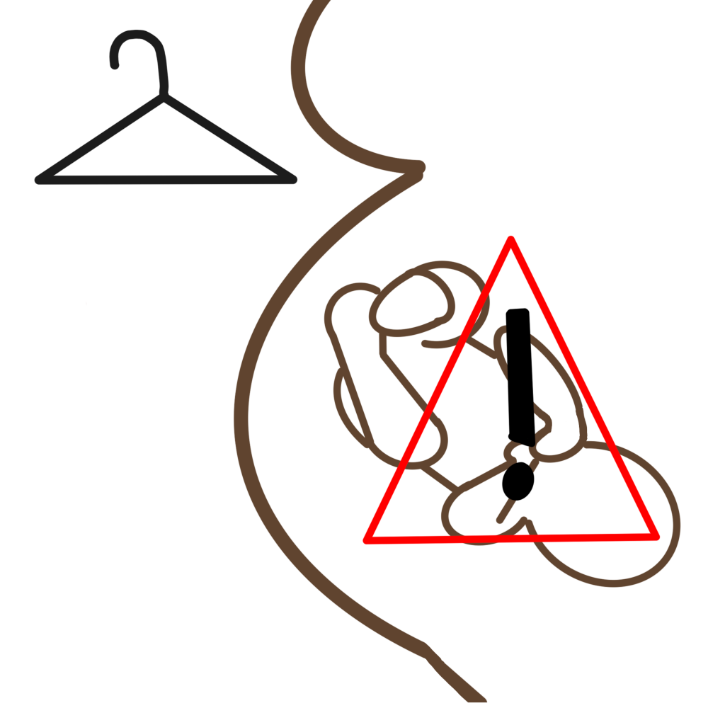 A simple drawing of a dark skinned pregnant person. You can just see the pregnant persons breast and stomach. The child is also visible in the stomach. On top of the child is a bright orange triangle with a large black exclamation point in the middle. Next to the pregnant person is a drawing of a clothing hanger.